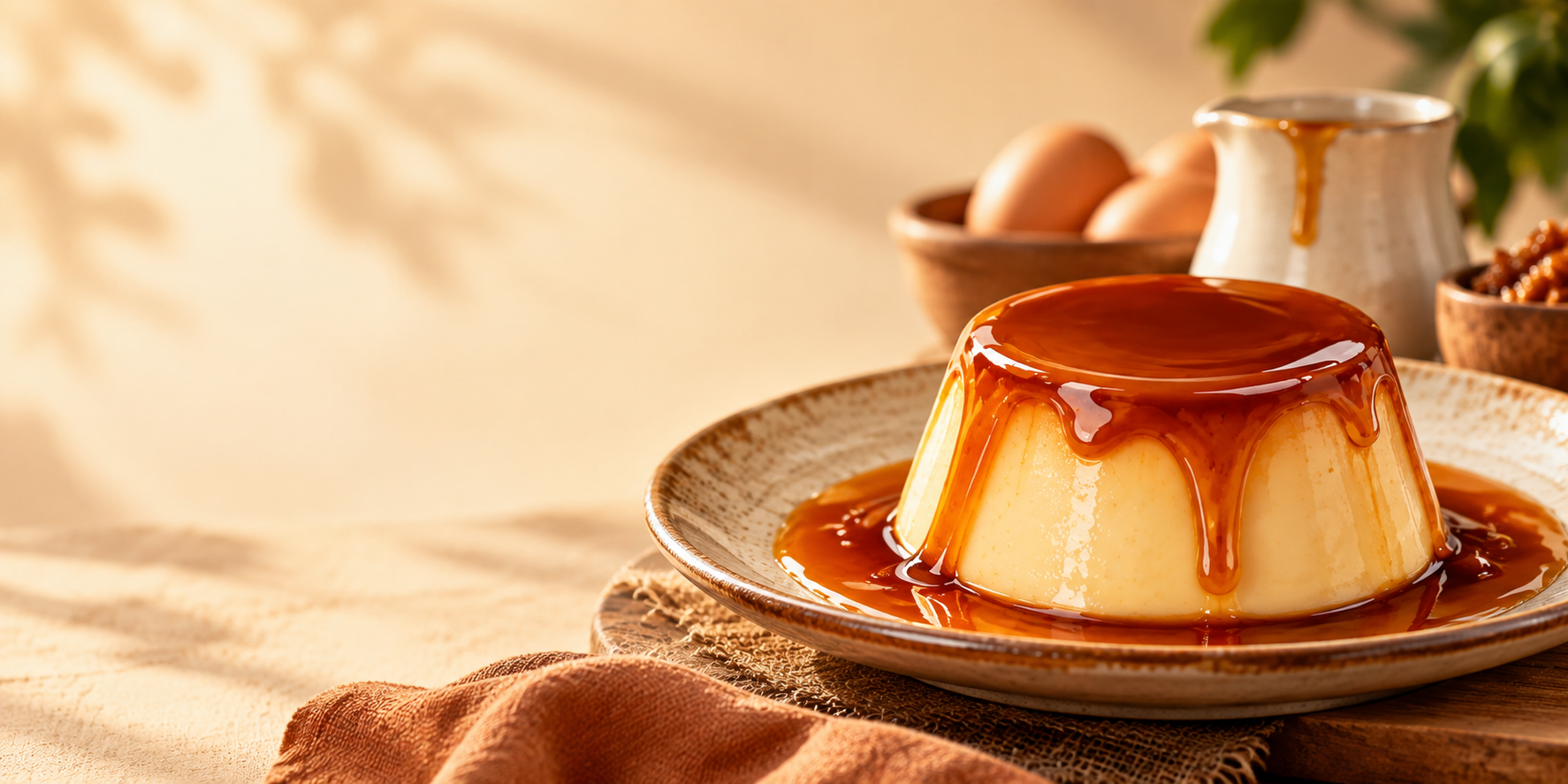 Quesillo artesanal con caramelo dorado servido en plato rústico