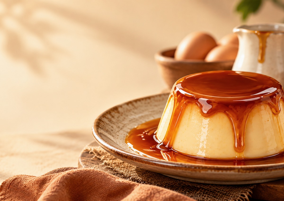 Ambiente cálido y artesanal alrededor de un quesillo de caramelo